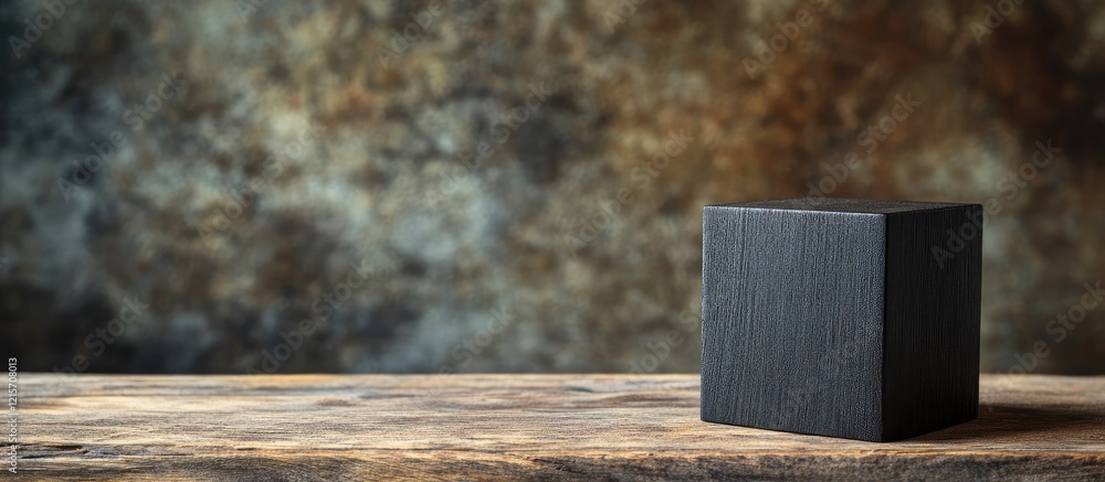 Poster black cube object on a rustic wooden surface with textured background and ample copy space for text 