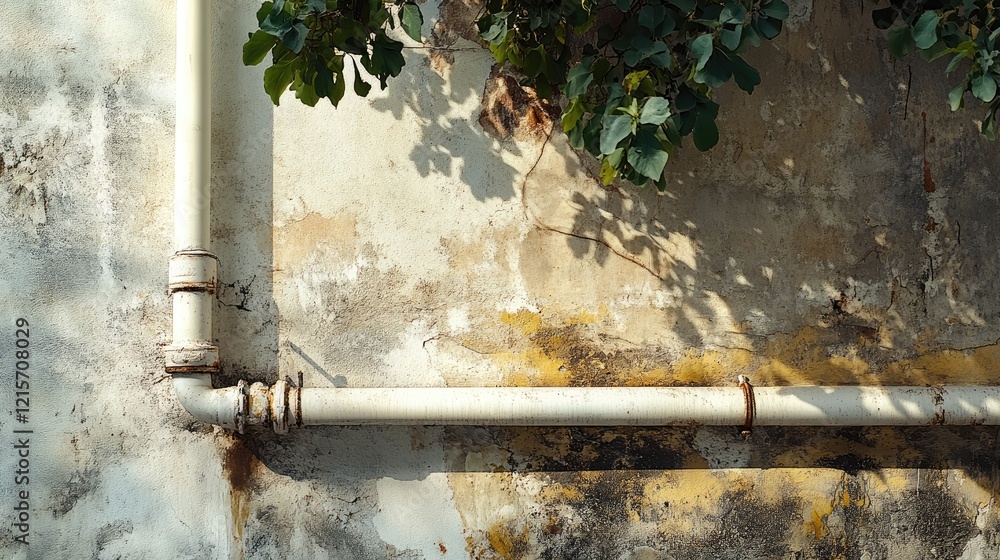 Poster old weathered pipe against a textured wall with lush foliage above creating a serene backdrop suitab