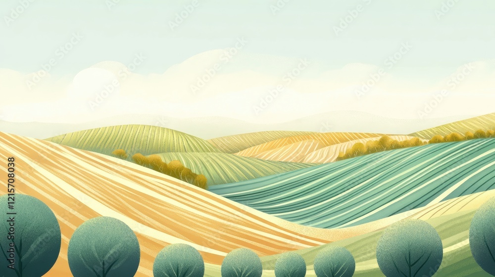 Poster rural scenery showcasing vibrant rolling hills and fields with ample empty space for customizable te