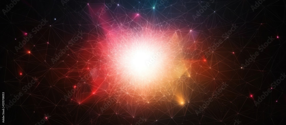 Poster colorful abstract cosmic background with glowing light source and star field texture in a dark space