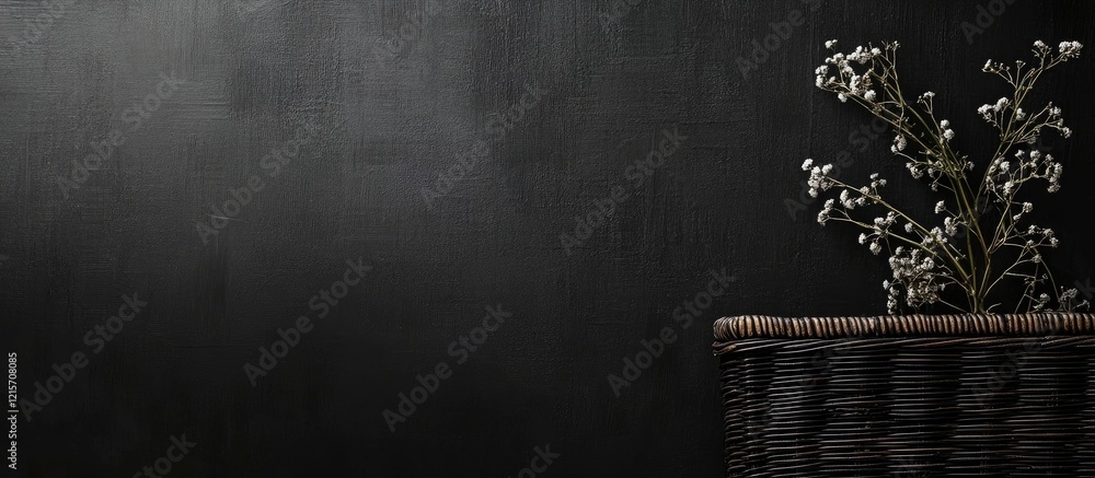Poster wicker basket with white flowers against dark textured background with ample copy space for text