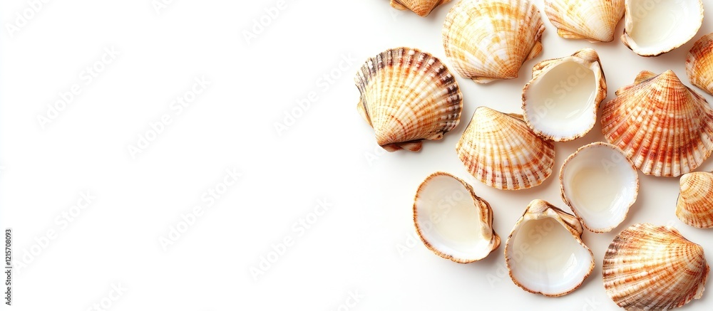 Poster seashells arranged on white background with copy space for text and design elements