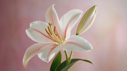 Fototapeta premium Close-up of a delicate, light pink lily flower with a bud against a soft pink background.