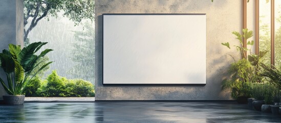 Blank canvas on wall in modern room with greenery view outside during rainy day perfect for artwork or text space