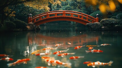 Serene garden scene featuring colorful koi fish swimming under a red bridge surrounded by lush greenery