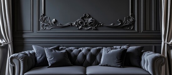 Luxury interior design with a dark sofa and ornate wall molding showcasing modern elegance and style Copy Space