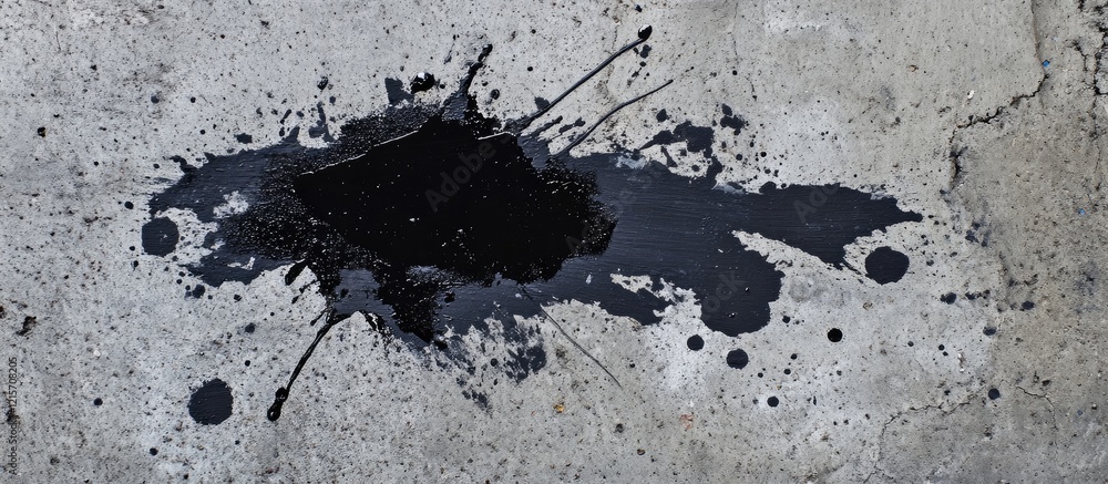 Poster black paint splash on concrete surface with splatter and copy space for text placement.