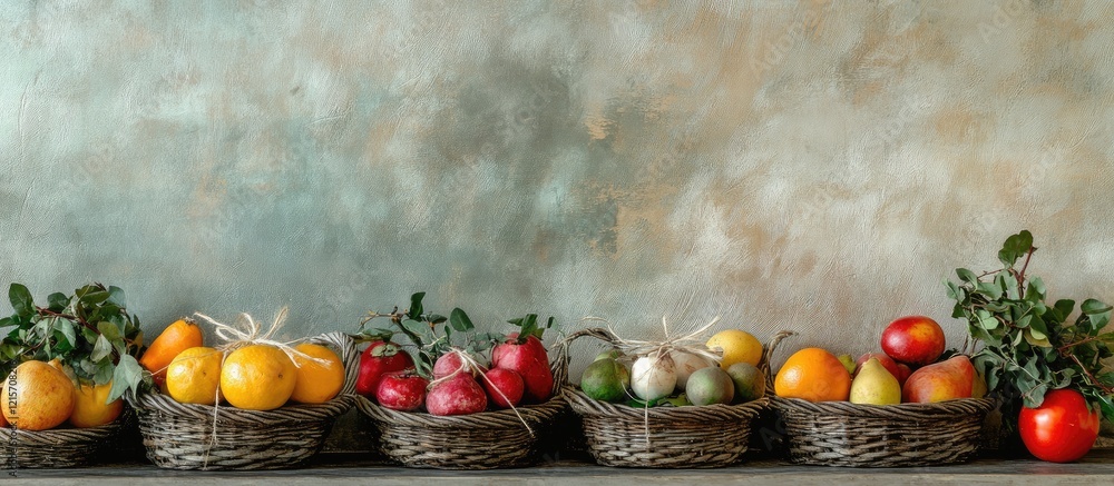 Poster baskets filled with colorful fruits against a textured background with copy space for text placement