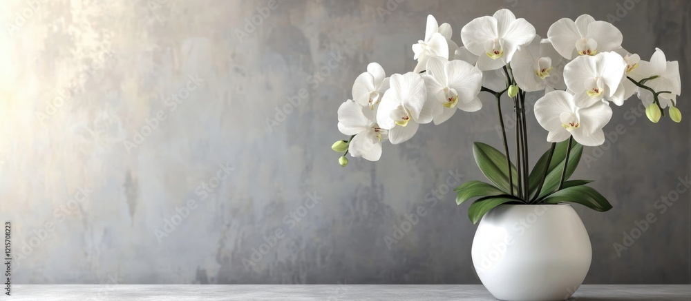 Poster white orchids in a modern vase on a textured gray background with ample copy space.