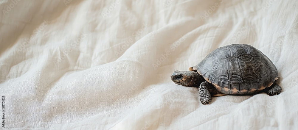 Poster small tortoise on a white soft blanket with ample copy space for text placement.