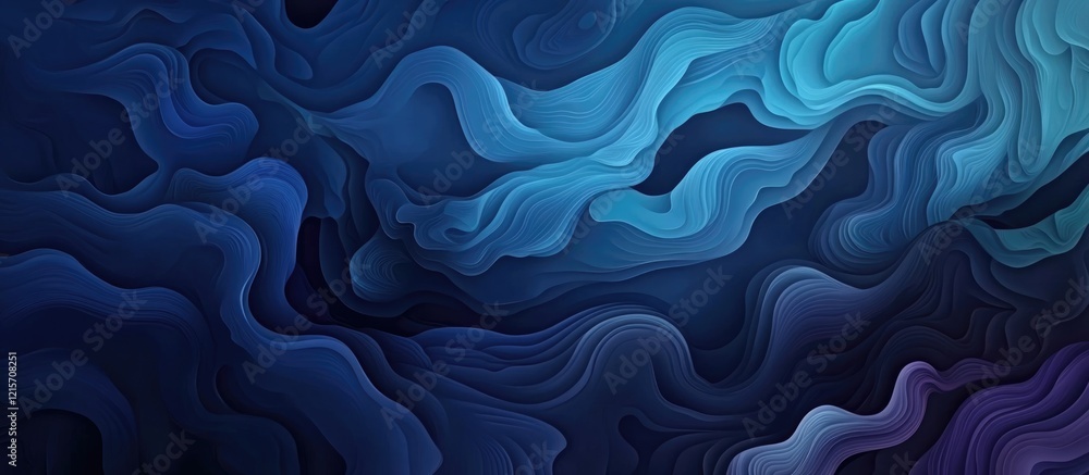 Poster abstract fluid wave texture in deep blue and teal tones with smooth curves and layers designed for b