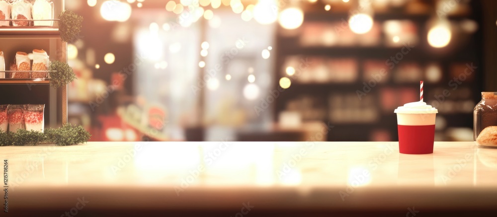 Poster coffee cup on wooden countertop with blurred cafe background and bokeh lights featuring ample copy s