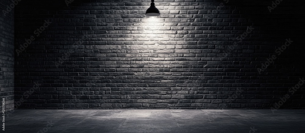Poster dark industrial interior with spotlight illuminating textured brick wall and empty floor space suita