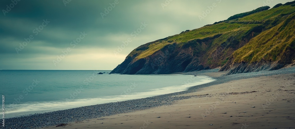 Poster coastal landscape with green hills and calm sea under overcast sky in a tranquil setting with copy s
