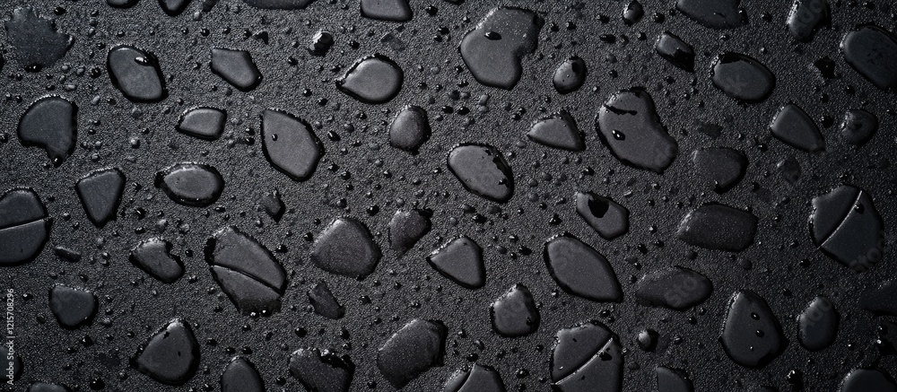 Poster close-up view of water droplets on a black surface with high detail and texture copy space for text 