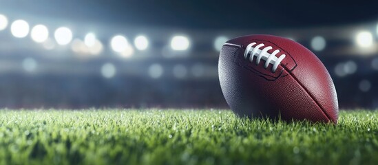 Football on lush green field with stadium lights ideal for sports competition banners featuring ample space for text and promotional messages