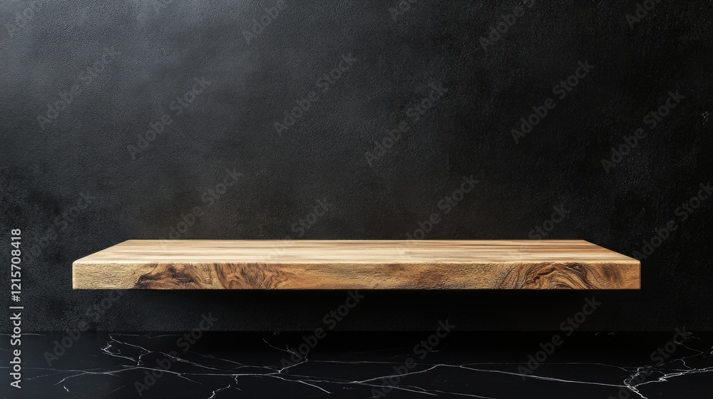 Poster wooden shelf board isolated on black marble countertop with empty space for text suitable for produc