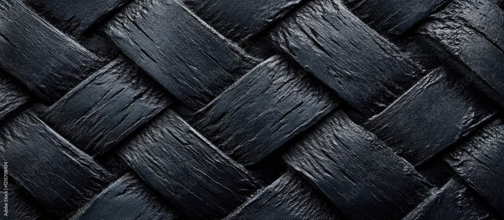 Poster textured black woven fabric background with intricate braided patterns and ample copy space for over
