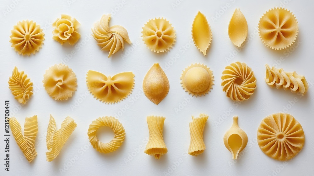 Poster assorted pasta varieties in various shapes and sizes arranged on a white background highlighting the