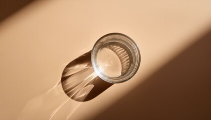transparent glass cup with artistic shadows on a minimalist beige background