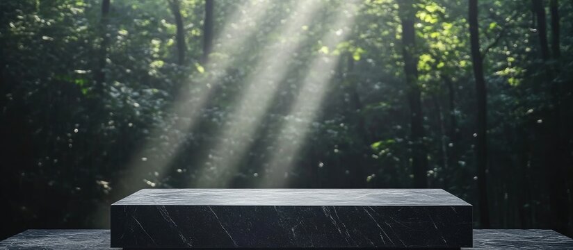 Mysterious stone altar in a forest with sunlight beams shining through trees and soft bokeh effect in background Copy Space - Powered by Adobe