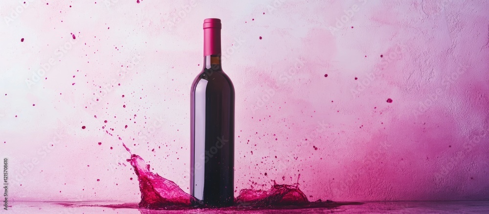Aufkleber red wine bottle with splashing liquid on a pink background featuring copy space for text.