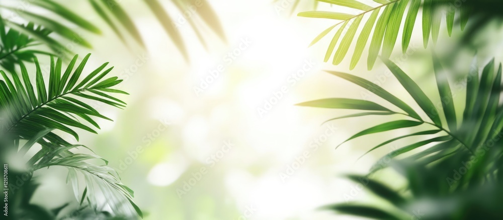 Poster tropical foliage with sunlight filtering through leaves creating a natural green background with cop