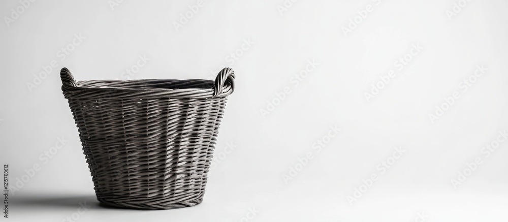 Poster woven wicker basket with handles on a plain background with copy space for text placement