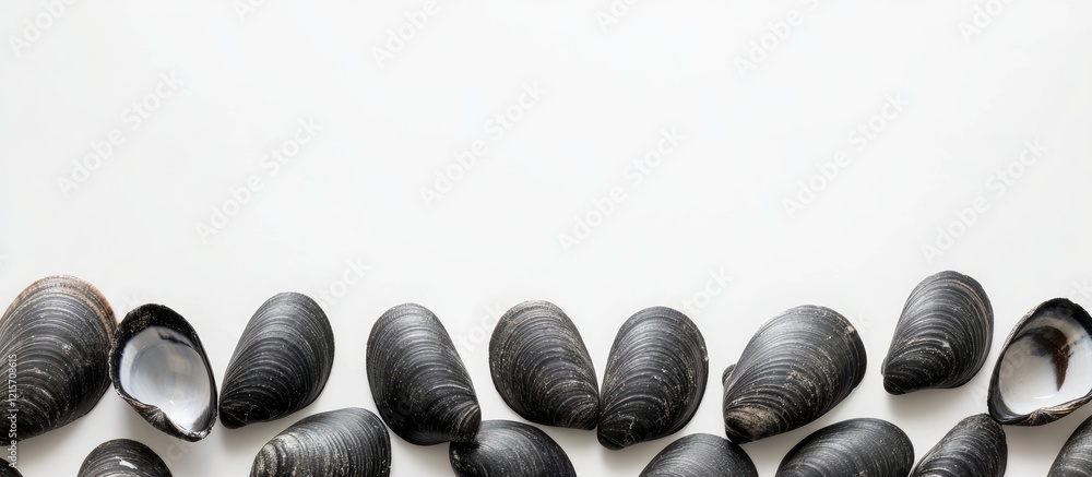 Poster black mussel shells arranged on a white background with copy space for text insertion.