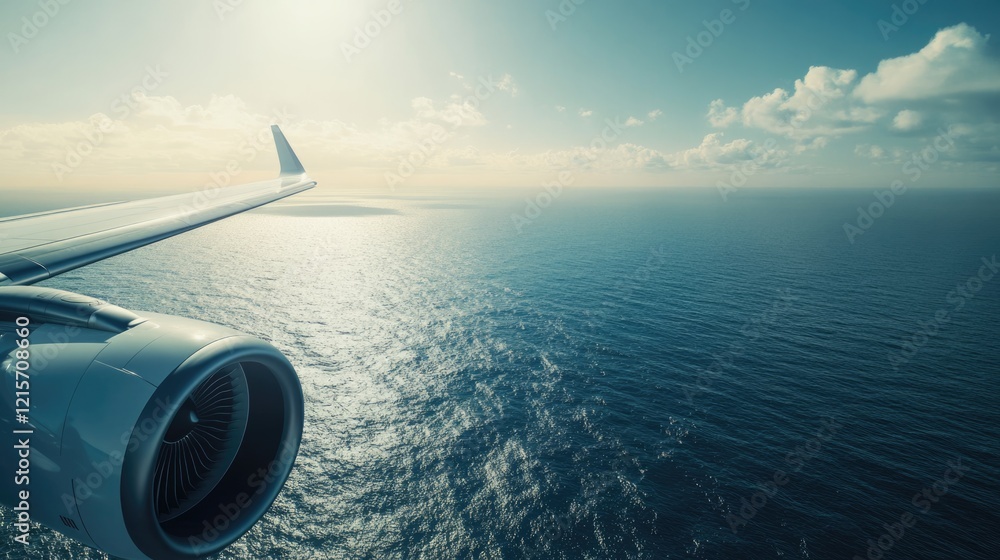 Poster airbus a320 engine overlooking serene ocean view with clear sky and copyspace for text placement