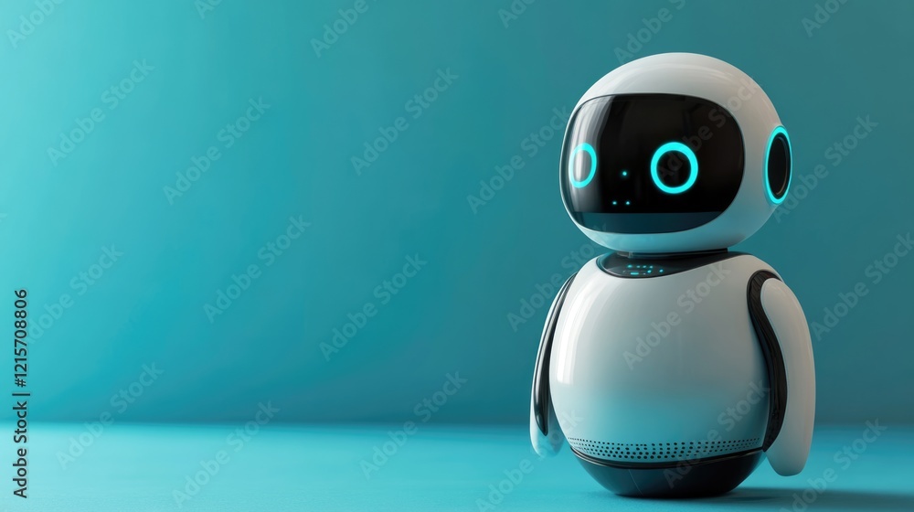 Poster ai voice assistant robot with friendly features and copyspace for text placement on a modern blue ba