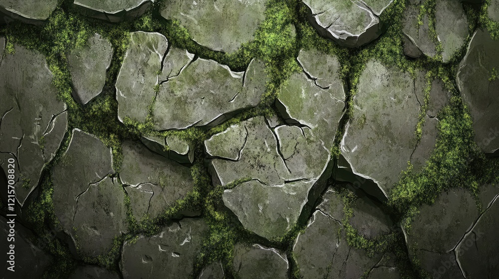 Poster aged cracked stone wall background with moss and empty space for text placement ideal for creative p