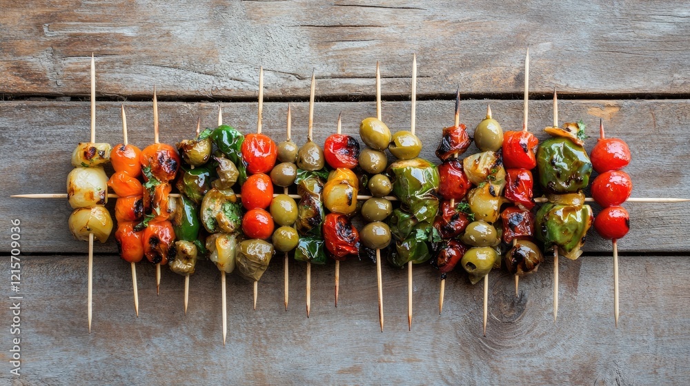 Poster assorted tapas skewers with marinated olives presented on rustic gray wood table in top view composi