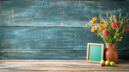 Rustic tabletop with vase of colorful flowers and blank frame on textured wood background for creative after school program promotional materials