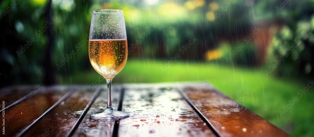 Poster glass of white wine on a wet wooden table with a green garden background and soft focus, featuring e