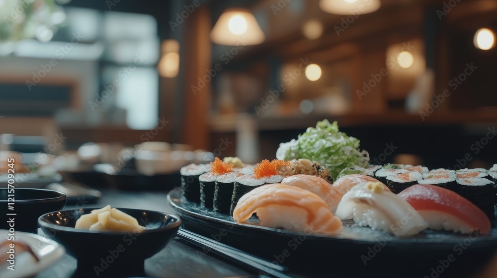 Poster assorted sushi platter on a wooden table with fresh ingredients and copy space for text in japanese 