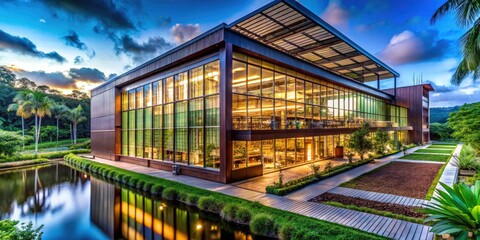 Obraz premium Architectural Photography of a Modern Cane Chocolate Factory with Sleek Design Elements and Sustainable Materials in a Natural Setting, Showcasing Innovation and Craftsmanship