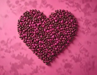Obraz premium Coffee bean artwork forming a heart shape in a vibrant pink color scheme with a bold, geometric pattern, heart shape, coffee connoisseur, coffee specialty