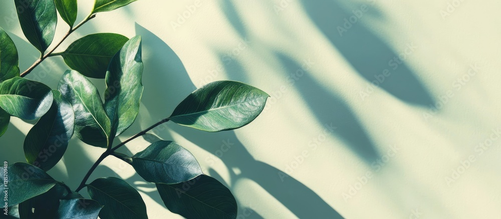 Poster green leaves casting soft shadows on a pastel wall creating an abstract nature background with minim