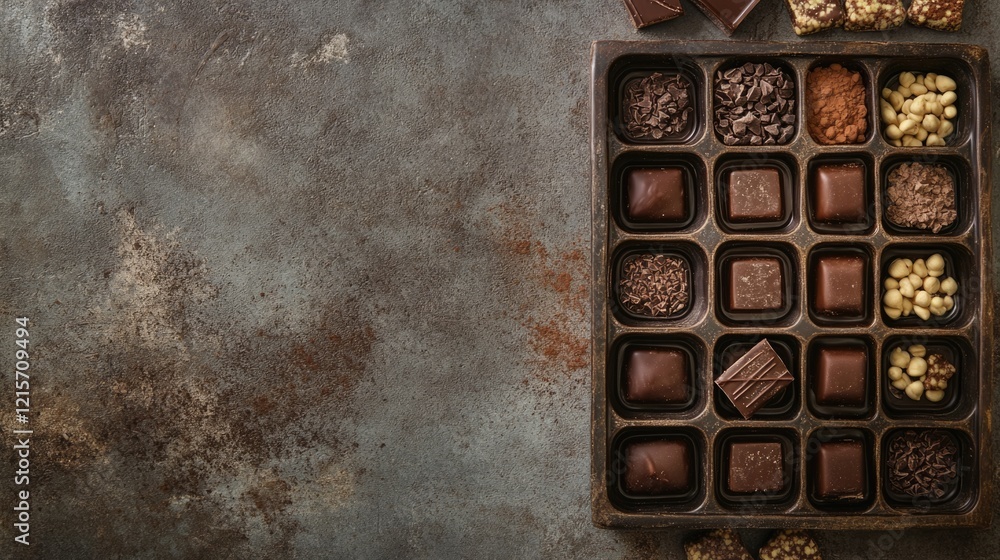 Poster artisanal chocolate selection in a decorative box with empty space for text on a rustic background i