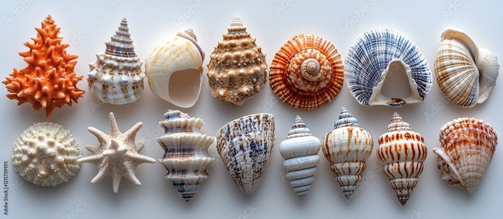 Poster collection of seashells and coral on white background showcasing unique shapes and textures with spa
