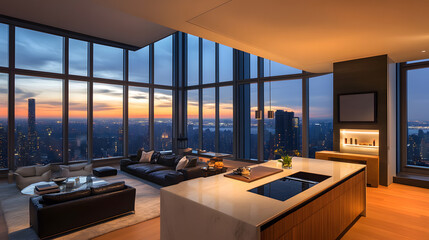 Urban office with a modern design and floor-to-ceiling windows.