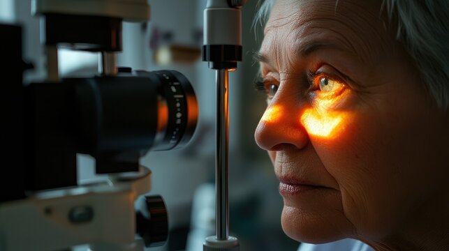 Doctor examining senior patient for macular degeneration during eye examination in clinic hospital setting with focused lighting.