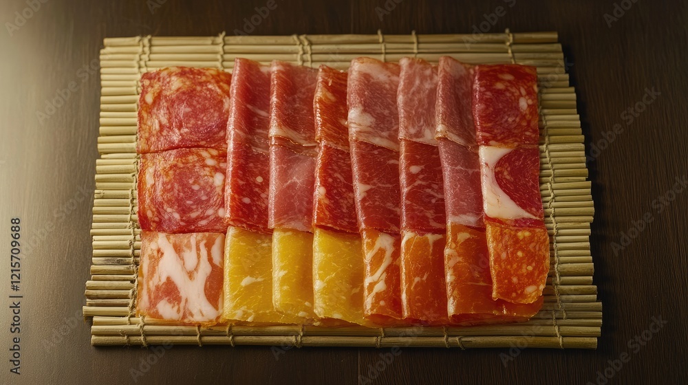Poster assorted cured meat slices presented on bamboo mat in a visually appealing arrangement showcasing di