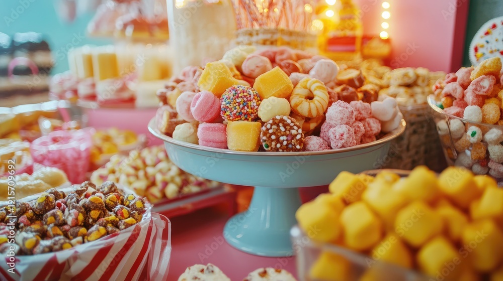 Poster assorted colorful sweets and snacks arranged on display at a shop counter