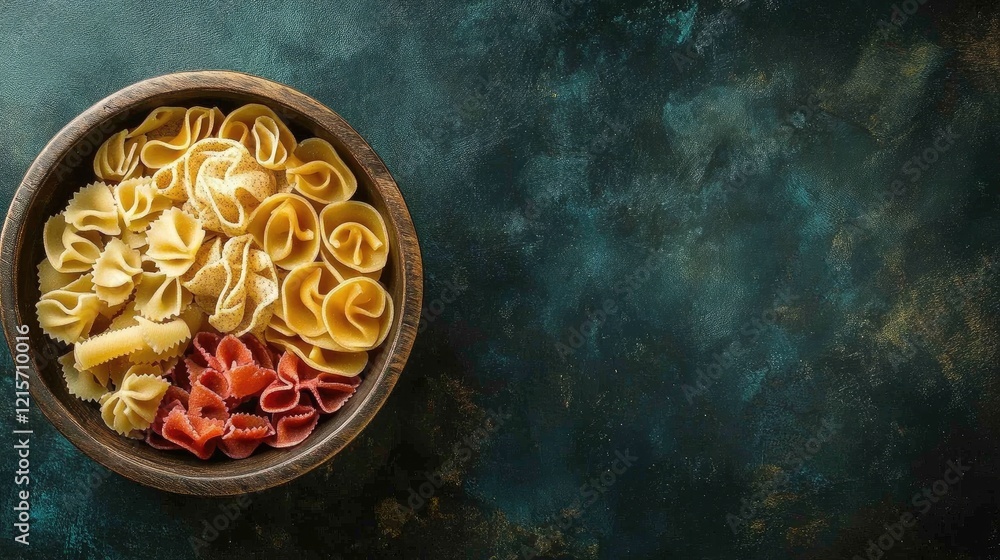 Poster assorted colorful pasta shapes in a rustic wooden bowl on textured surface with ample copy space for