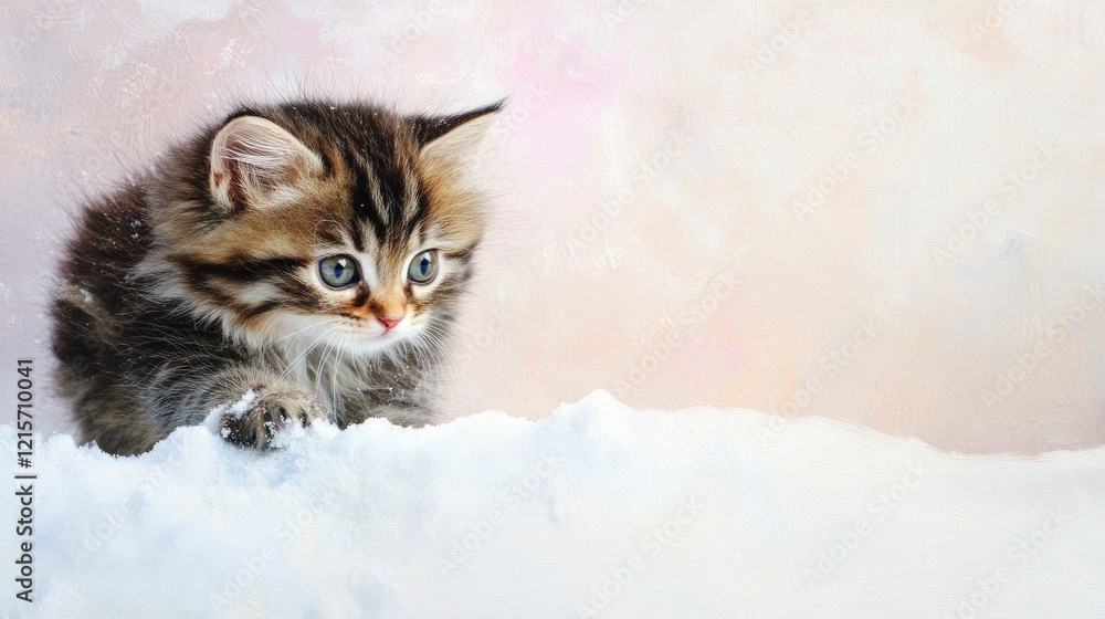 Poster cute tabby kitten exploring a snowy landscape with soft pastel background and ample copy space for t
