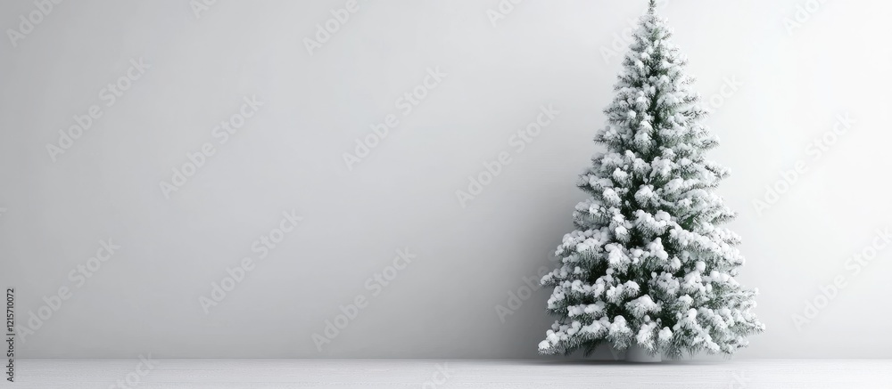 Poster snow-covered christmas tree in minimalistic interior setting with gray wall and ample copy space for