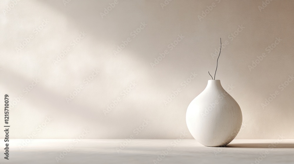 Poster minimalist white vase on neutral background with simple twig, soft shadows and copy space for design