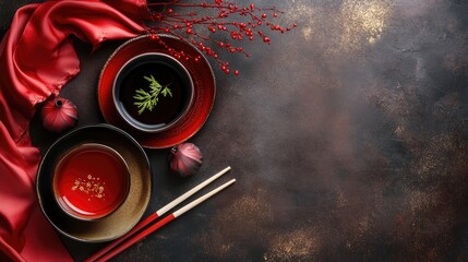 Elegant red and black table setting with bowls chopsticks and decorative elements on dark background Copy Space